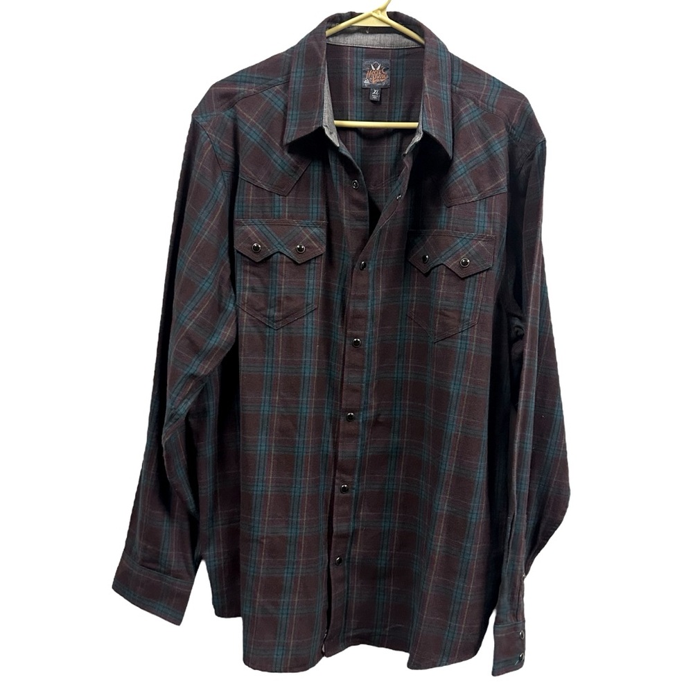 Moon Shine Burgundy Turquoise Flannel Western Plaid Snap Up Long Sleeve Shirt XL